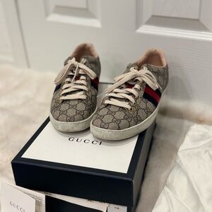 Gucci Beige and Red Monogram Sneakers